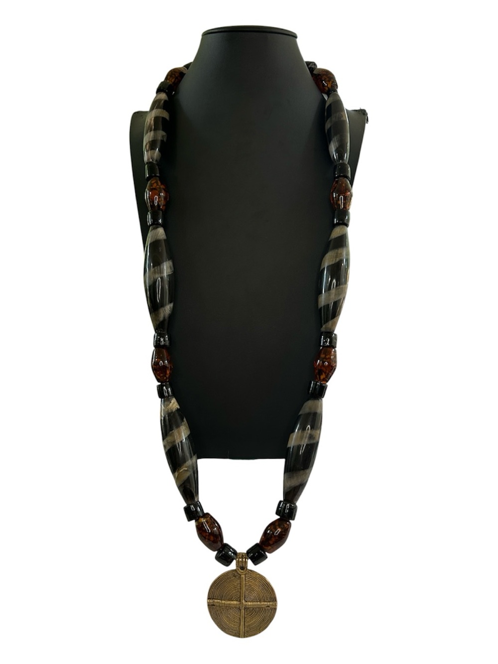 VTG Hand Carved Batik Horn Amber Resin Beads African Brass Pendant Necklace 297g